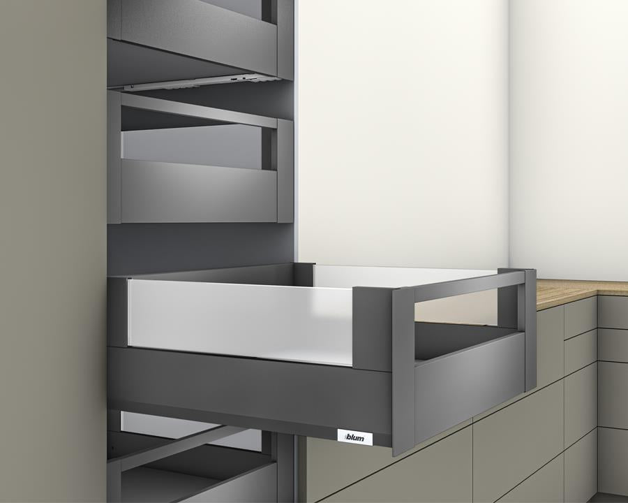 Blum MERIVOBOX modular E Height 192mm Inner Drawer BOXCOVER with Gallery Rail 500mm with BLUMOTION in Orion Grey 40kg by W&B