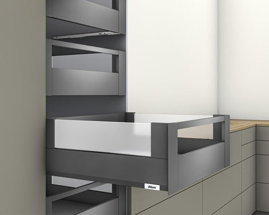 Blum MERIVOBOX modular E Height 192mm Inner Drawer BOXCOVER with Gallery Rail 600mm with BLUMOTION in Orion Grey 40kg by W&B