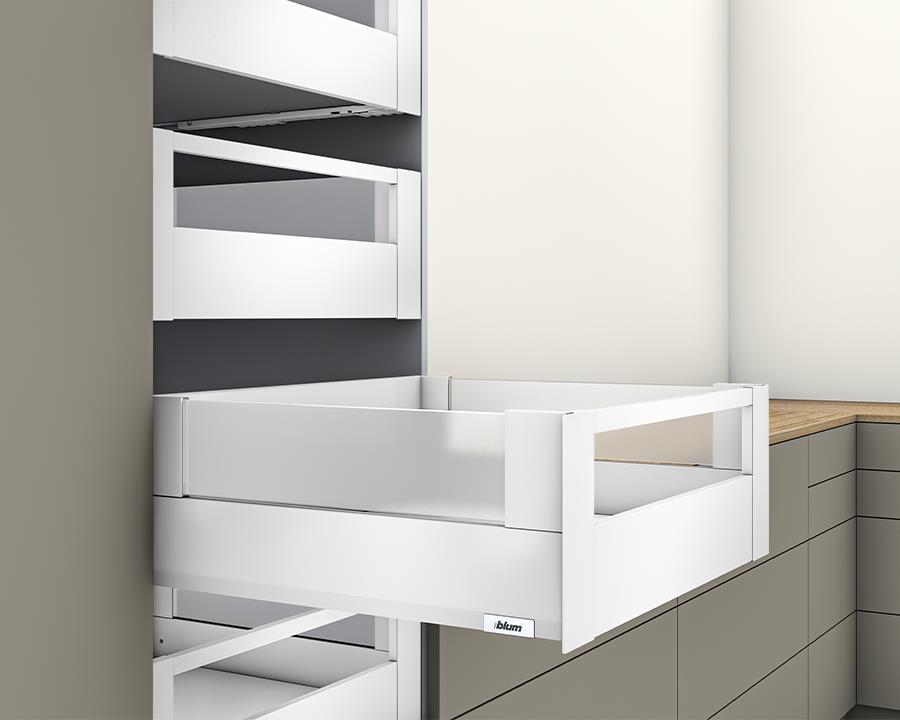 Blum MERIVOBOX modular E Height 192mm Inner Drawer BOXCOVER with Gallery Rail 500mm with BLUMOTION in Silk White 70kg by W&B