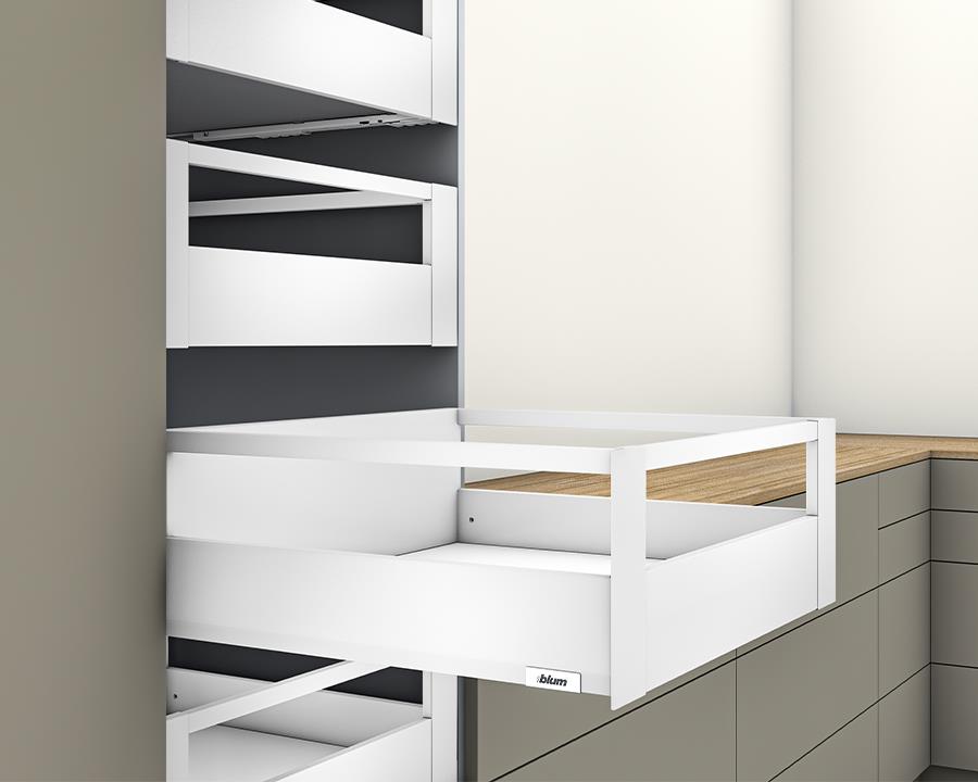 Blum MERIVOBOX modular E Height 192mm Inner Drawer Gallery with Front Gallery Rail 450mm with BLUMOTION in Silk White 70kg by W&B