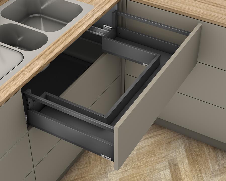 Blum MERIVOBOX modular E Height 192mm Sink Drawer with Single Gallery Rail 500mm with BLUMOTION in Orion Grey 40kg by W&B