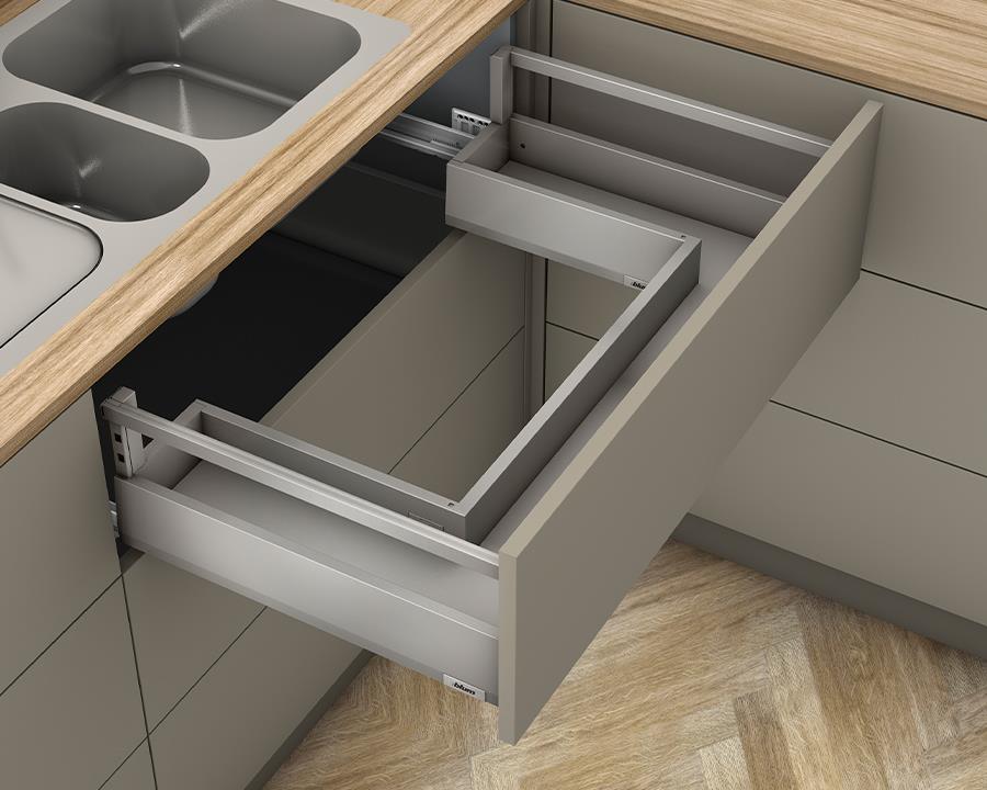 Blum MERIVOBOX modular E Height 192mm Sink Drawer with Single Gallery Rail 600mm with BLUMOTION in Indium Grey 70kg by W&B