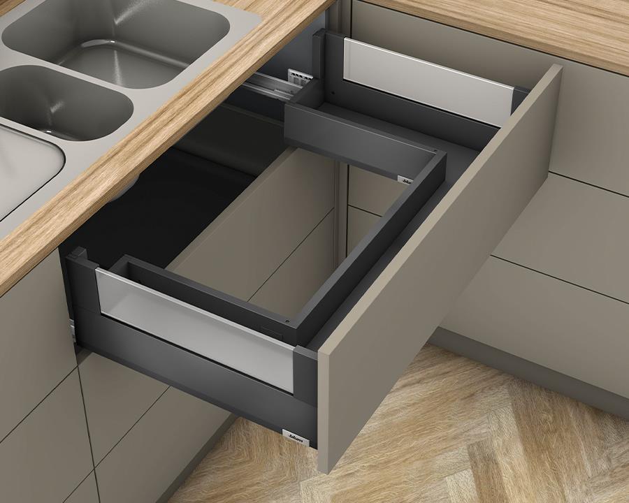 Blum MERIVOBOX modular E Height 192mm Sink Drawer with BOXCOVER 500mm with BLUMOTION in Orion Grey 70kg by W&B