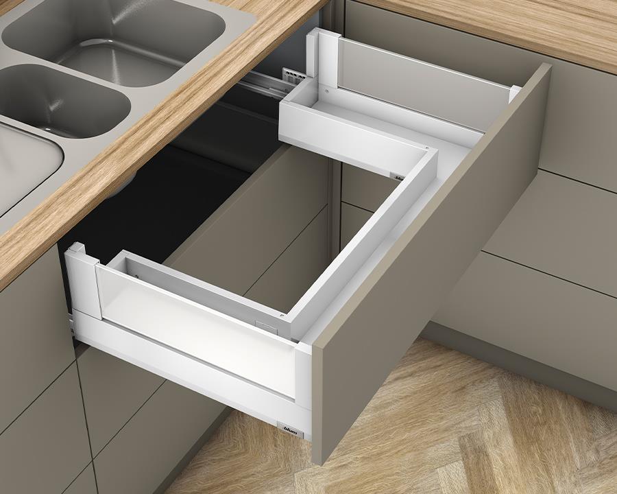 Blum MERIVOBOX modular E Height 192mm Sink Drawer with BOXCOVER 600mm with BLUMOTION in Silk White 40kg by W&B