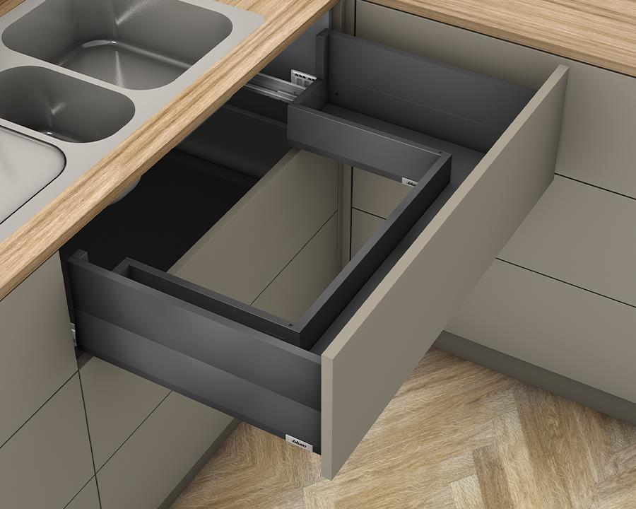 Blum MERIVOBOX modular E Height 192mm Sink Drawer with BOXCAP 450mm with BLUMOTION in Orion Grey 70kg by W&B